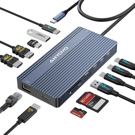 USB C Docking Station, 14 in 1 USB Hub for 3 Monitors, Dual 4K@60Hz HDMI & USB-C Video, 4xUSB-C(10Gbps), 3X USB-A, Ethernet, SD/TF & 3.5mm Audio Jack,100W PD – Multiport Adapter for/HP/Dell/Lenovo
