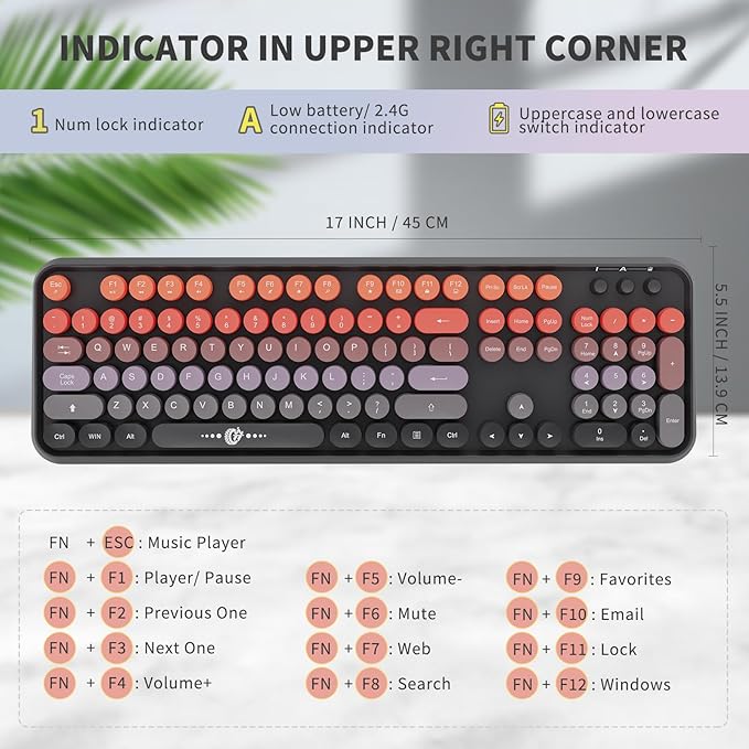 Wireless Keyboard and Mouse Combo - Cute Colorful Keyboard and Mouse, Retro Typewriter Keyboard with 2.4GHz Plug & Play, for Windows 11/10/7, Laptop, PC (V2020-Orange)
