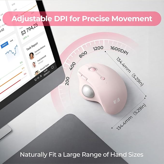 seenda Wireless Trackball Mouse, Bluetooth - Ergonomic Rollerball Mouse Rechargeable, 3 Device Connection Optical Mice Adjustable DPI Thumb Control Mice Compatible for Mac/Android/Windows - Rose Pink