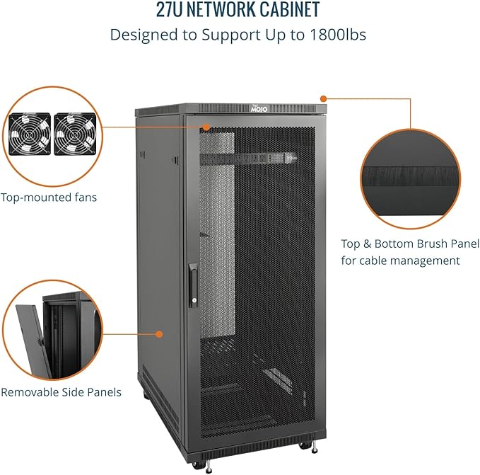 Tecmojo Network Rack Cabinet,27U Server Rack,23.6 Inch Depth,Hold Up to 1800Lbs,Lockable Cabinet with Casters and Complete Accessories,Mesh Door,for Home,Office,Small Business (27U 23.6" w*23.6" d)
