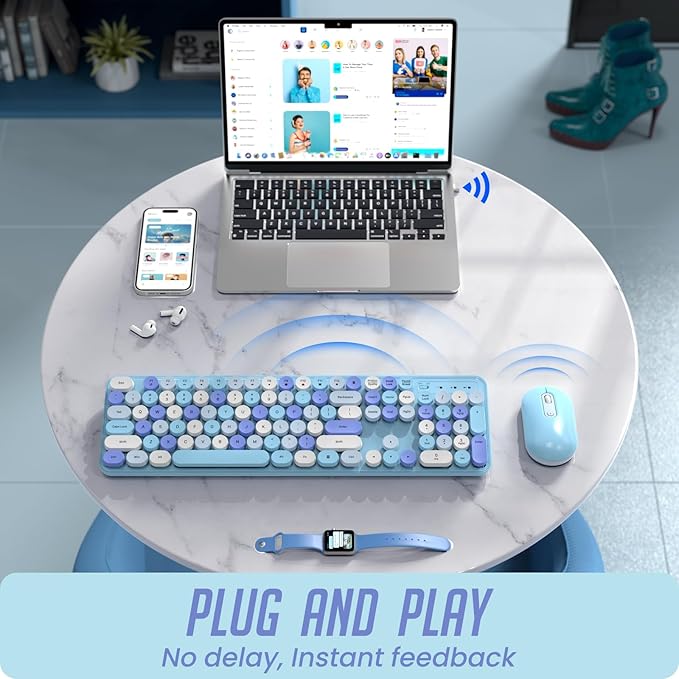 Wireless Keyboard and Mouse, Silent Keyboard Mouse Combo, Full-Sized Colorful Typewriter Keyboard with Round Keycaps, 2.4G Cute Mouse Compatible with PC/Laptop/Computer(Blue White)