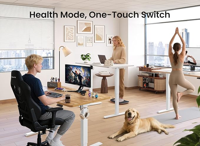 BANTI 55 × 24 Inches Standing Desk, Ergonomic, Electric Height Adjustable, Sit and Stand Up, Computer Office Desk with Splice Board, White Frame/Light Rustic Top