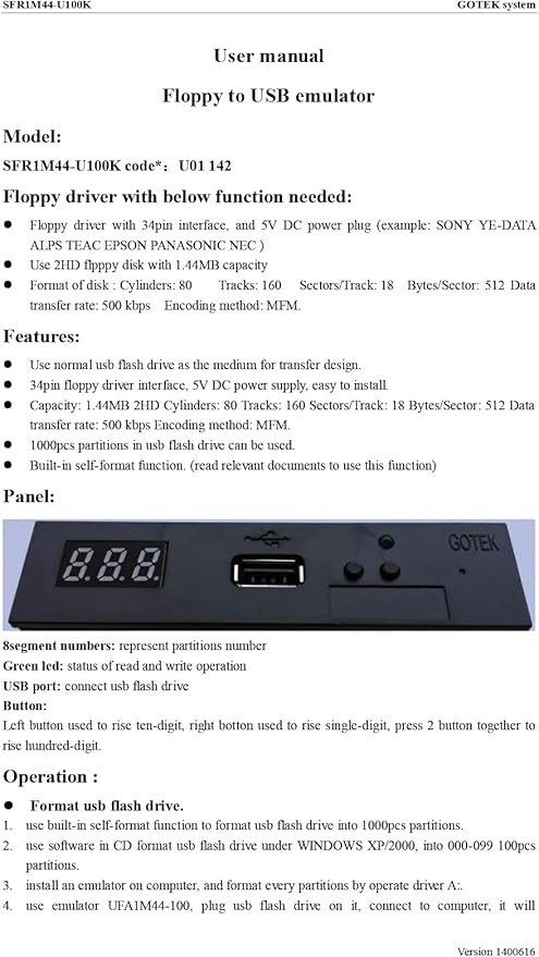 GoTEK SFR1M44-U100 3.5 Inch 1.44MB USB SSD Floppy Drive Emulator Black