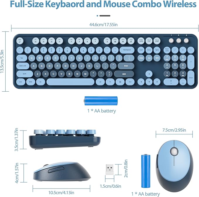 Blue Keyboard and Mouse Combo Wireless, 2.4G Full Size 104-Key Retro Typewriter Keyboards Round Keys for Students Teenagers Home Office PC Laptop(Ocean Blue)