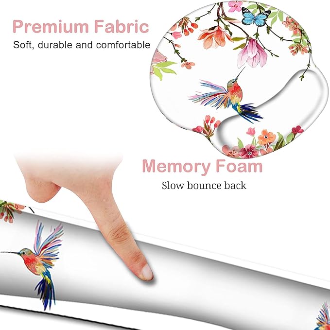 Keyboard Wrist Rest and Mouse Pad with Wrist Support, Ergonomic Gel Mouse Pad Coaster, Comfortable Lightweight for Easy Typing Pain Relief, Memory Foam Keyboard Mousepad Set,Hummingbird Flower
