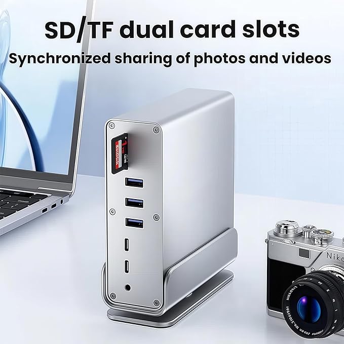 【15-in-1 USB C Hub & Vertical Docking Station 3 Monitors】 Dual Monitor 2 HDMI and Triple Monitor Includes DP,10Gbps USB 3.2, SD/TF, Gigabit Ethernet -for Dell/HP/Lenovo, MacBook/Surface,Phone ect.