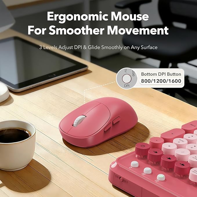 Wireless Keyboard and Mouse Combo, Cute Full-Size Typewriter-Style Keyboard, Retro Round Keycaps, Phone/Tablet Holder, 3-Level DPI Mouse, 2.4GHz Cordless for Mac Windows PC Laptop, Trueque CK13, Pink