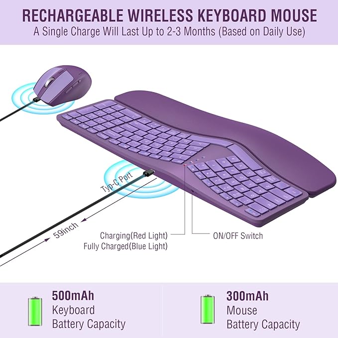 MK960 Ergonomic Wireless Keyboard Mouse Combo, Bluetooth/2.4G Split Design Keyboard with Palm Rest and 4 Level DPI Adjustable Wireless Mouse Multi-Device, Rechargeable, for Windows/Mac/Android(Purple)