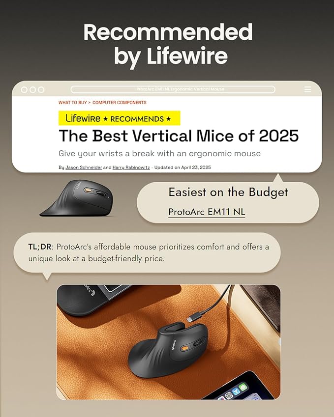 ProtoArc Ergonomic Mouse, EM11 NL Bluetooth Rechargeable Wireless Vertical Mouse, 3 Multi-Device Connectivity for Computer/PC/Laptop, 2.4GHz USB-A Optical Mice for Windows, Mac OS, Black Gold