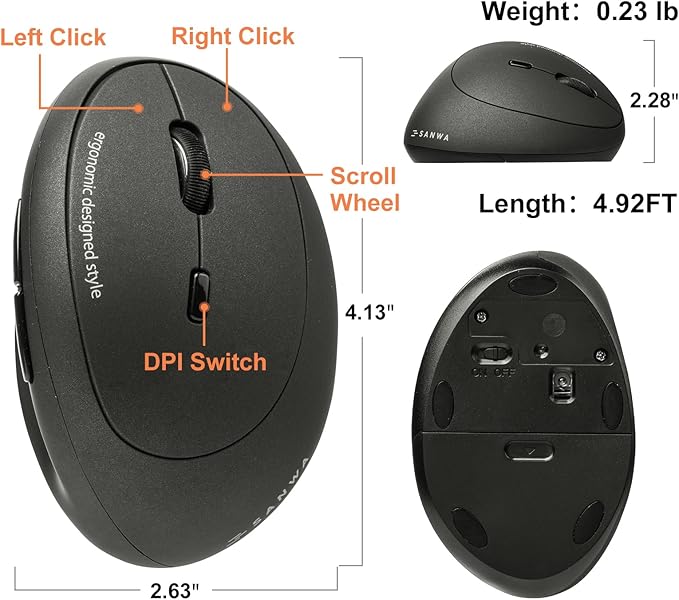 SANWA 2.4G Wireless Ergonomic Mouse, Optical Vertical Ergo Mice for Small Hands, Reduce Wrist Strain, 800/1200/1600 DPI, 5 Buttons, Compatible with MacBook, Laptop, Windows, Mac OS, Black