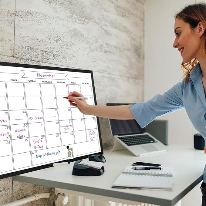 Dry Erase Monthly Calendar Whiteboard, Magnetic Whiteboard for Wall, Solid Pine Wood Black Framed Message BoardHanging Board for Office, Home School, 17.7"x 23.6"(YL-BK-4560-B)