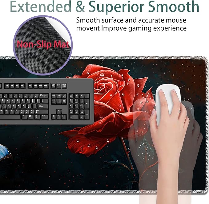 Large Gaming Mouse Pad + Keyboard Wrist Rest + Wrist Support + Coaster Set, Memory Foam Ergonomic for Easy Typing, XXL Extended Gaming Mouse Pad Table Pad - Starry Red Rose