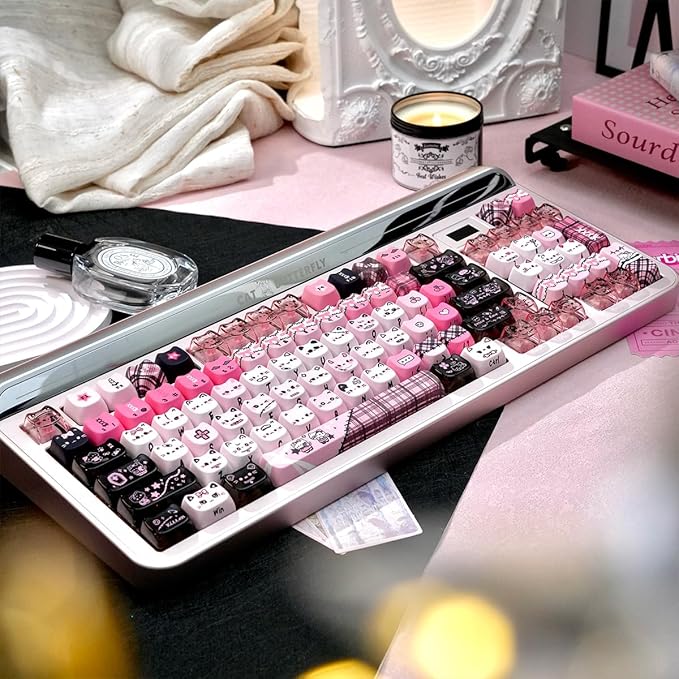 26 Keys Crystal Jelly Personalized Keycaps, PC Material Cute Black Pink Cat Transparent Custom Keycaps, Mao Profile Keycap for DIY MX Swithes Mechanical Keyboards