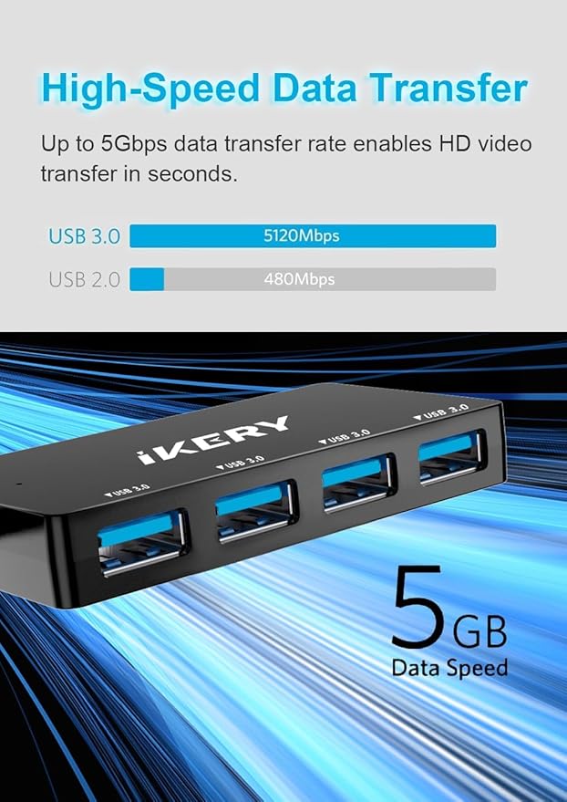4-Port USB 3.0 Hub, 5Gbps High Speed Data Transfer USB Hub, Portable Multiporter Extension with 1ft Extended Cable, Compatible for Laptop, PC, MacBook, Windows Computers and More