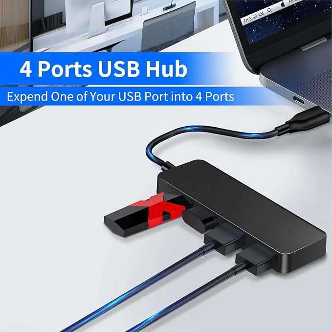 Herfair USB Hub Splitter USB Port Extender 1 to 4 Multiport Adapter Expander for Laptop, MacBook, Computer, Xbox, Console, Flash Drive, HDD, Printer, Camera, Keyboard, Mouse, More