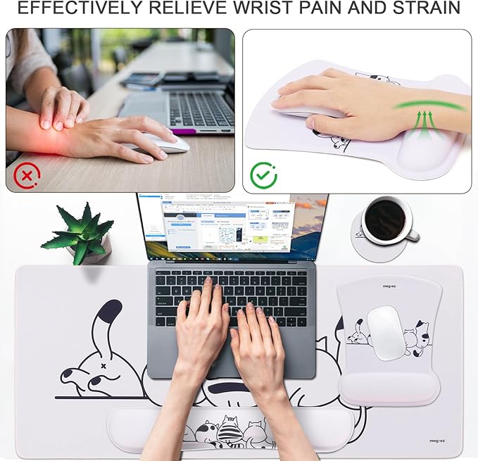 MEGREZ 4-in-1 Ergonomic Memory Foam Wrist Rest Set, Desk Pad, Mouse Pad with Wrist Rest, Keyboard Pad, Suitable for Office Workers, Programmers & Gamers–Relieve Typing & Gaming Fatigue, Beige