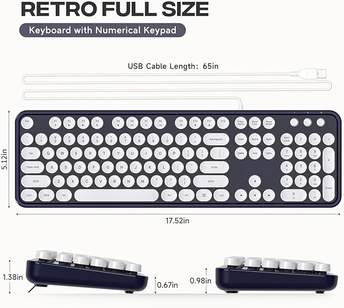 Computer Keyboards Wired, Full Size 104 Keys Typewriter Keyboard with Number Pad, Plug Play USB Keyboard for PC Laptop Desktop Windows (Dark Blue)