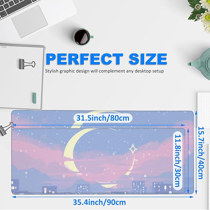 Desk Mat, Anime Moon City Night Scene Extended Gaming Mouse Pad Large, 31.5"x11.8" Big Mouse Pad with Non-Slip Base and Stitched Edge, Long Computer Keyboard Mouse Mat for Home Office Work