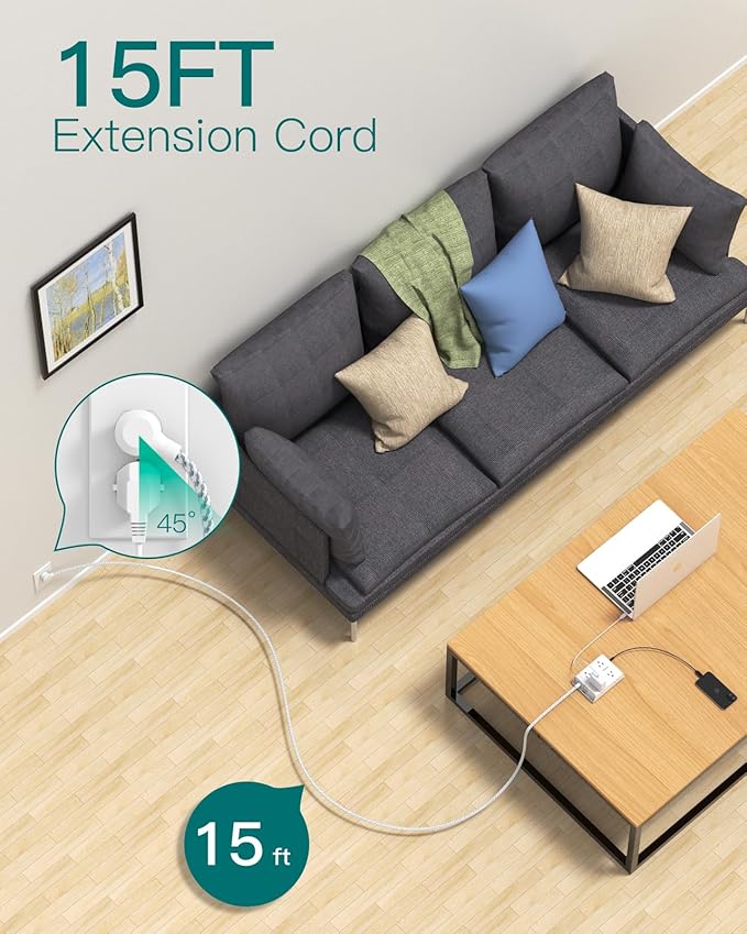 15Ft Long Surge Protector Power Strip, Addtam Extension Cord with 8 AC Outlets and 4 USB Ports(1 USB C), 3-Side Outlet Extender Strip, Flat Plug, Wall Mount, Dorm Home Office Essential, ETL Listed