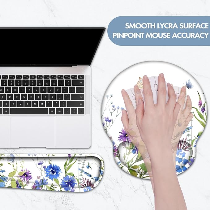 Keyboard Wrist Rest, Ergonomic Mouse Pad Wrist Support, Memory Foam Wrist Rest, Anti-Slip Base,Weeds Mousepad with Coaster for Computer Keyboard Office Home, Beautiful Floral White