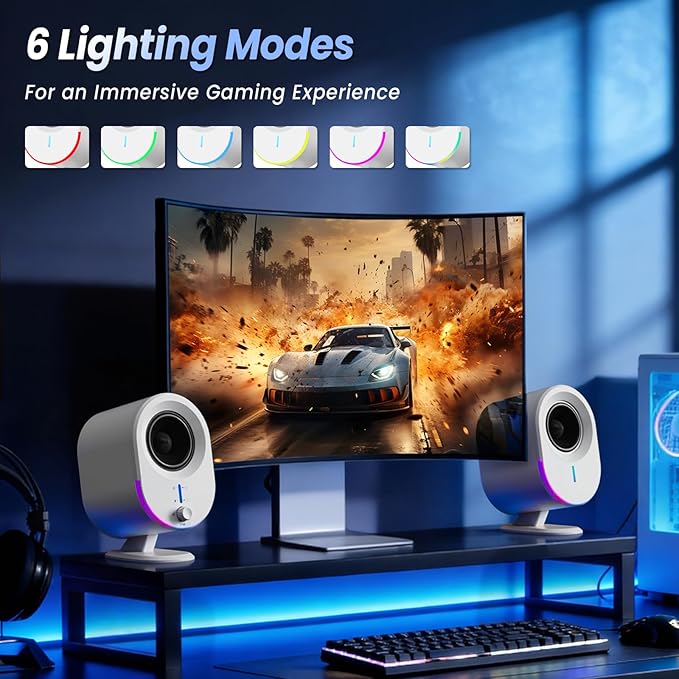 Bluetooth PC Gaming Speakers, 2 * 15W 2.0CH Stereo with 3 EQ & 6 RGB Modes, AC Powered Desktop Speakers with Aux/USB/Headphone Port for Laptop/TV, White