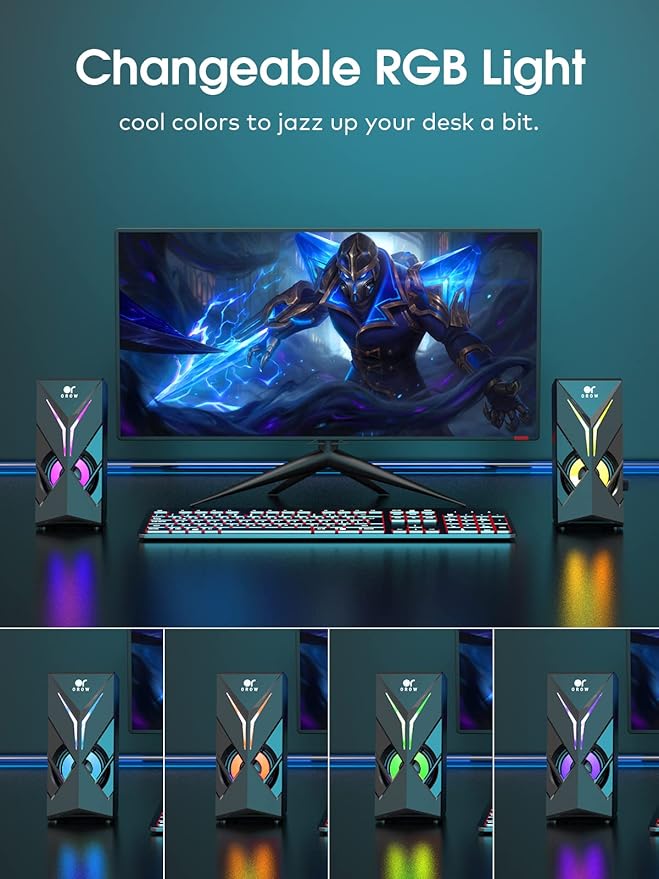 OROW 10W RGB Computer Speakers with Volume Control, Colorful LED Gaming Speakers for PC/Desktop/Laptop/Monitor, 3.5mm Aux Input, Lights On/Off Option (S201)