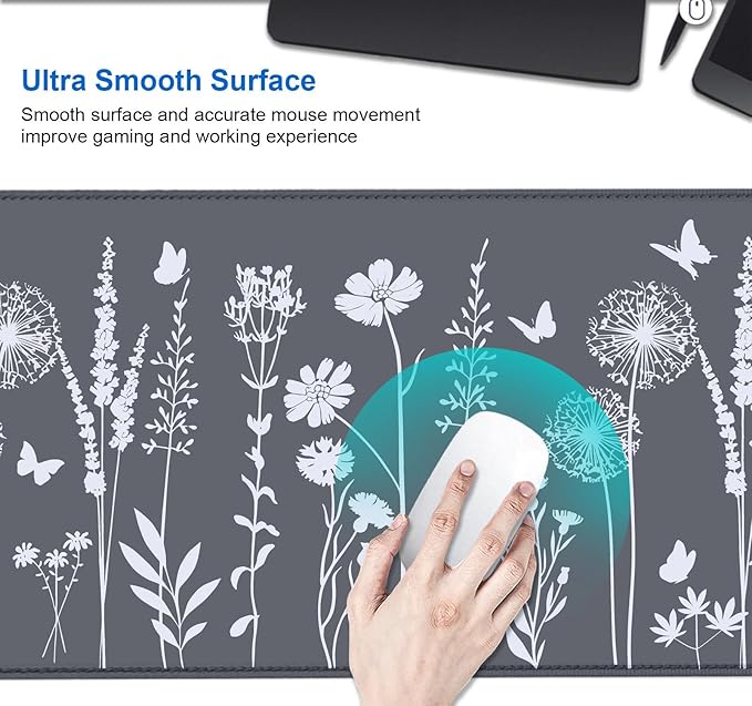 IMAYONDIA Cute Sage Gray Desk Mats Mousepad, Plant Floral Anime Mousepad Deskmat, Aesthetic Desk Pad, Minimalist Grey White Leaves Large Gaming Mouse Pad, Decor Accessories, 31.5 X 11.8