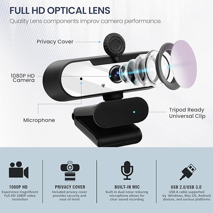 USB HD 1080P Video Webcam and Wide Angle Camera with Built-in Microphone and Rotatable Tripod,for Laptop Computer or Desktop PC,Great for Live Streaming.Calls.Video Conferencing -1 (White)