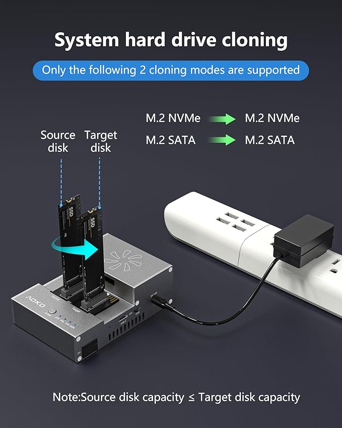 AOKO M.2 NVMe/SATA SSD Cloner with Cooling Fan，USB-C 10Gbps NVMe Clone Docking Station,SSD to USB Adapter&Reader,PCIE NVMe/NGFF Duplicator Supports Offline Clone, UASP and Trim