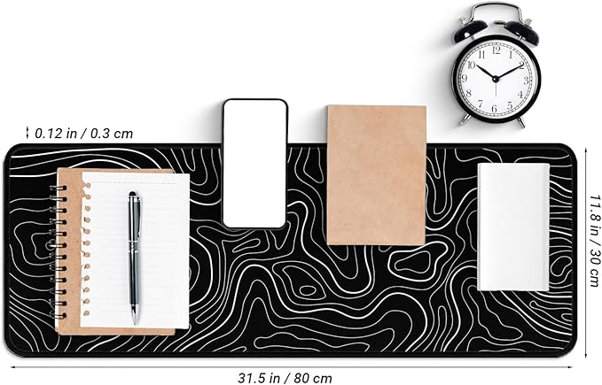 Large Computer Mouse Pad with Non-Slip Base for Desktop, Cute Gaming Mouse Mat with Stitched Edges, Long Extended Anime Mousepad for Laptop, 31.5 x 11.8 inches (Black Topographic Map)