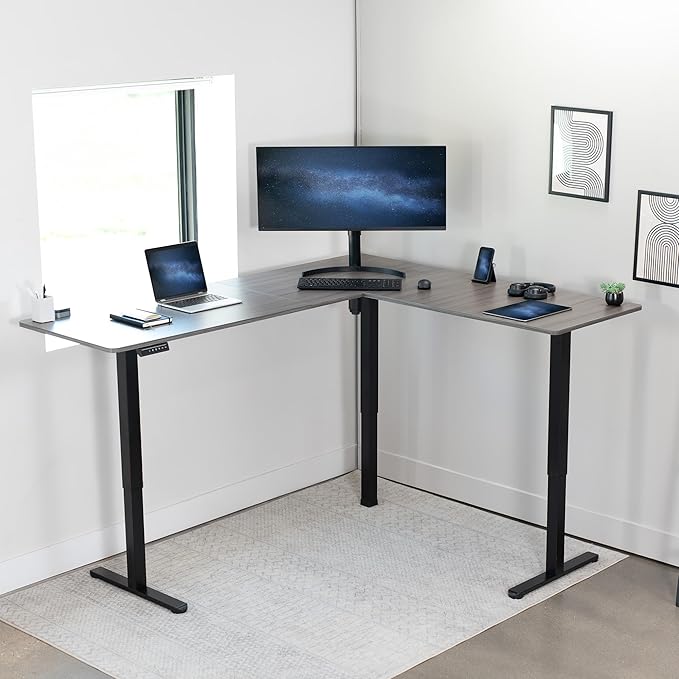 VIVO Corner Standing Desk, 75 x 63 inch Reversible L-Shaped Workstation, Electric Height Adjustment, Home, Office, and Reception Rooms, Dark Gray Table Top Black Frame, DESK-E3CTG-75