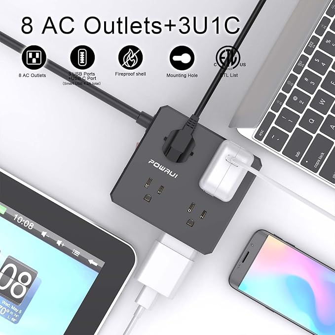 Surge Protector Power Strip - 20 Ft Flat Plug Extension Cord with 8 Widely Outlets and 4 USB Ports(1 USB C), 3 Side Outlet Extender for Home Office, Black, ETL Listed