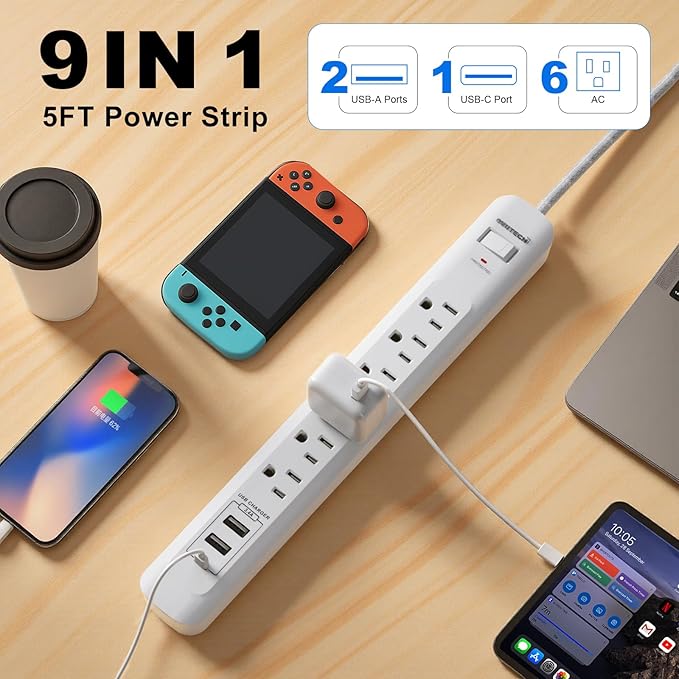 2 Pack Power Strip Surge Protector - 6 Outlets 3 USB Charging Ports (1 USB C), 5Ft Extension Cord, Flat Plug, Overload Protection, Wall Mount for Office Home, Dorm Room White