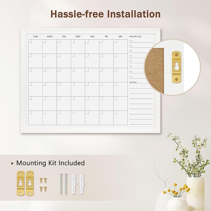 DOLLAR BOSS Magnetic White Board Calendar 36''x 24'', Monthly Dry Erase Planner for Wall with White Wood Style Frame for Office, School, Dorm, Home Decor