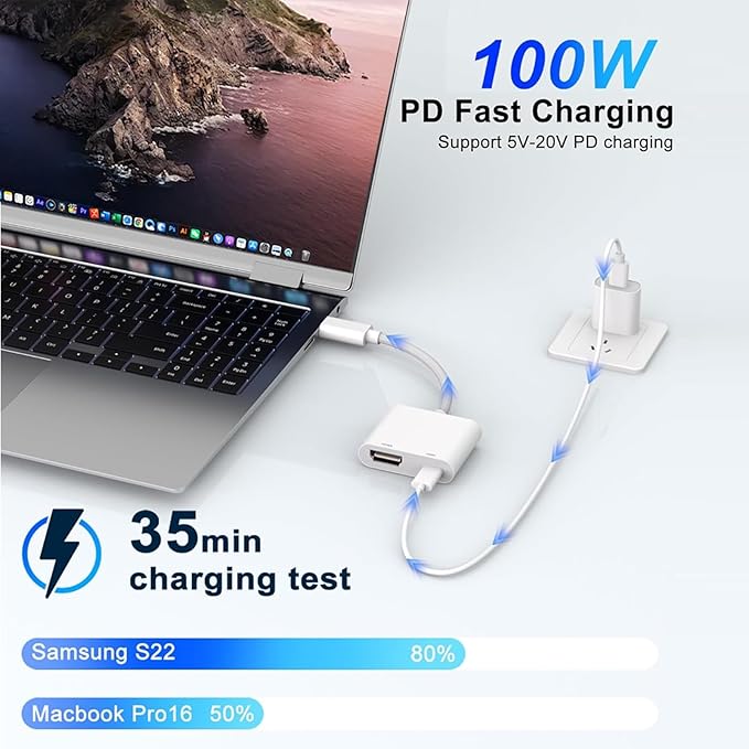 USB C to HDMI Adapter for iPhone 17/16/15 to TV, 4K@60Hz Type C Digital AV Adapter Sync Screen Connector Cable with 100W Fast Charging Port for iPhone 15/16/17 /iPad/MacBook to HDTV Projector Monitor
