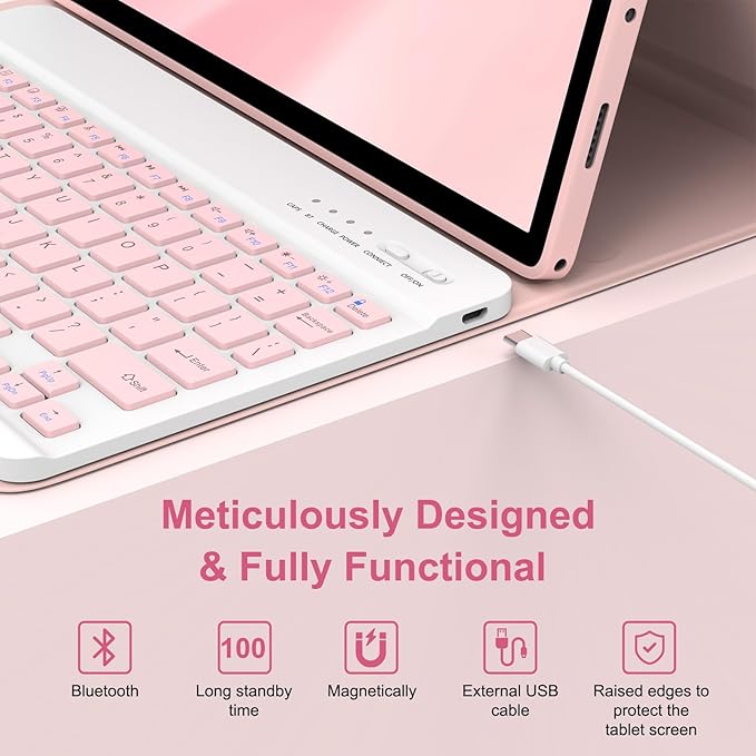 MMK Galaxy Tab A9 Plus Case with Keyboard (11" 2023), Compatible with Samsung A11 Plus Tablet Case Keyboard (11" 2025, SM-X230, SM-X236B), Wireless Detachable-Pink