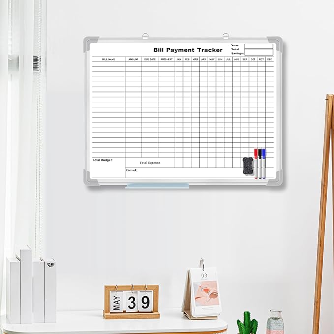 24 x 18 Inch Monthly Bill Payment Tracker Organizer Whiteboard Aluminum Frame Wall Monthly Bill Payment Checklist Magnetic Dry Erase Board Planner for Personal Budgeting Financial (Stylish)