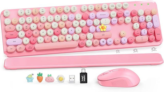 Wireless Keyboard and Mouse Combo, Cute Retro Typewriter Keyboard with Round Keycaps and Magnetic Wrist Rest, Full-Size 2.4GHz Cordless for Mac, Windows PC, Laptop, SABLUTE CK23, Pink Multi-Color