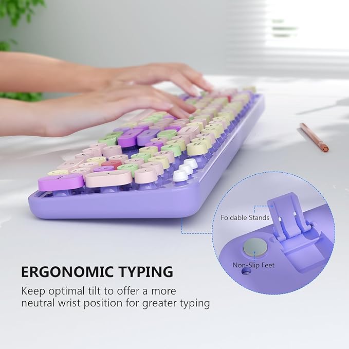 Wireless Keyboard and Mouse Combo, MOFII Full-Size Retro Round Keyboard and Mouse, 2.4 GHz Wireless, Plug and Play, 8 Multimedia & Shortcut Keysfor Mac, Windows, Laptop/Desktop/PC (Purple)