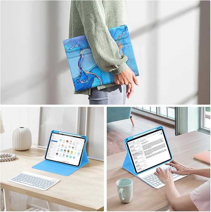 Soke for iPad (A16) 11th/10th Generation Case with Keyboard(2025/2022)-7 Color Backlight Wireless Detachable Folio Keyboard Cover with Built-in Pencil Holder for iPad 11/10.9 inch, Blue Marble