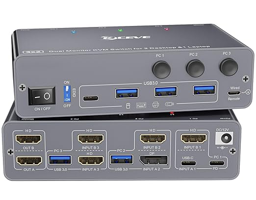 KCEVE KVM Switch 2 Monitors 3 Computers USB C HDMI DP, EDID, USB 3.0 KVM Switch Dual Monitor HDMI for 1 Laptops 2 Desktop Share 4 USB3.0 Device, 73W PD, 4K@60Hz, Aluminum, Power Adapter, Wired Remote
