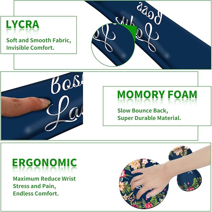 Ergonomic Keyboard Wrist Rests Gel Memory Foam Mouse Pad with Round Mousepad + Coasters, Wrist Support Set with Non Slip Base for Gaming Office Laptop Easy Typing & Pain Relief, Floral Boss Lady