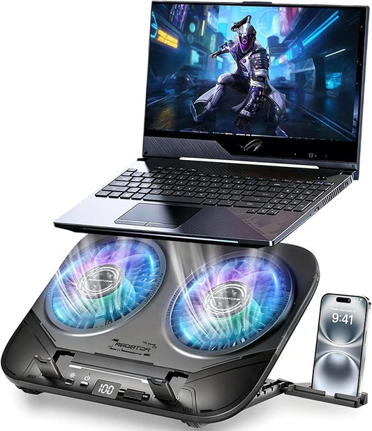 Upgraded Laptop Cooling Pad with Dual TEC Cooler, Gaming Laptop Cooler, 2 Powerful Turbo Fans, Fast Cooling Laptop 12-21in, 5 Height Stands, 100 Gear Speed Adjust, LCD Screen, RGB, Phone Holder