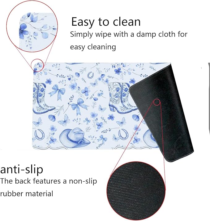 Western Cowgirls Desk Mat,Blue and White Floral Bow Mouse Pad,Blue Chinoiserie Large Mouse Pad,Preppy Coquette Girly Laptop Desk Mat for Dorm Western Accessories Gaming Mousepad 23.6x11.8In