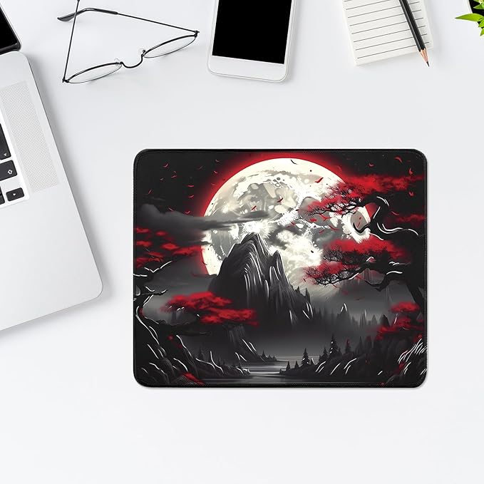Small Gaming Mouse Pad, Anime Black Mousepad with with Non-Slip Base, Expanded Cool Desk Mat, Mountain Moon Scenery Keyboard Mat Suitable for Home Office,10.2 X 8.3 Inch