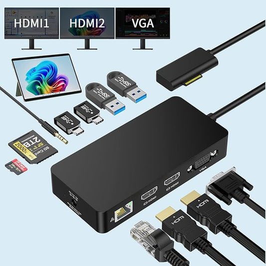 Surface Docking Station, Triple Display Dual 4K HDMI & VGA, 12-in-1 Surface Dock 2 for Microsoft Surface Pro 12/11/10/9/8/7/6/5/4/3, Surface Laptop 7/6/5/4, Surface Go/Book/Laptop Go