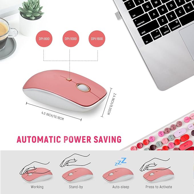 Wireless Keyboard and Mouse Combo - Cute Colorful Keyboard and Mouse, Retro Typewriter Keyboard with 2.4GHz Plug & Play, for Windows 11/10/7, Laptop, PC (White Color)