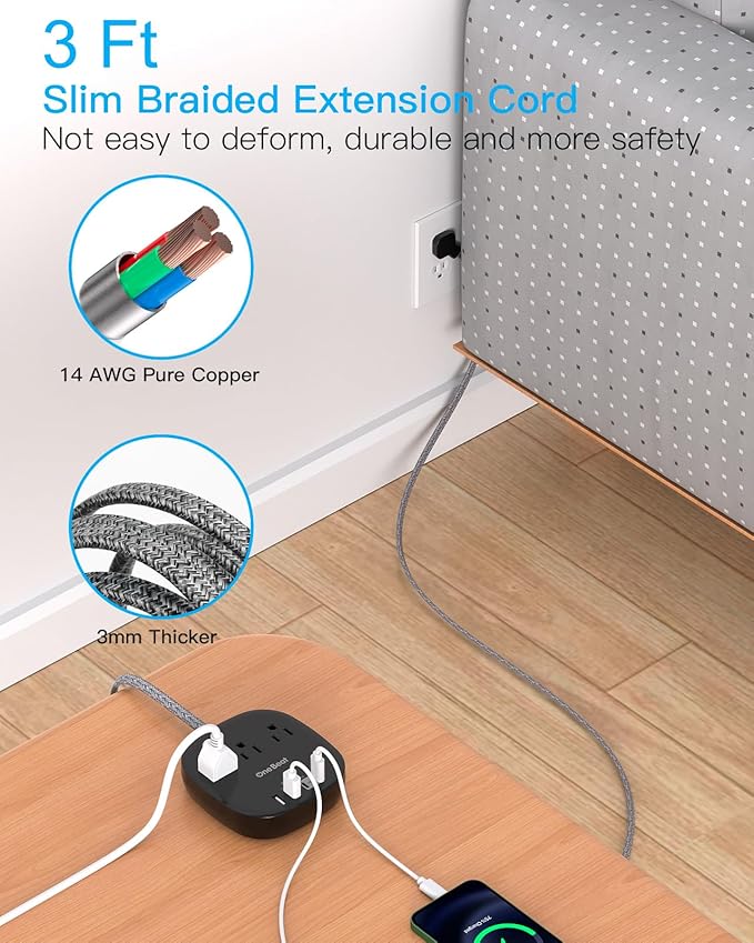Flat Plug Power Strip, Flat Extension Cord 3 Ft, 3 Outlets 4 USB Ports (2 USBC) 22.5W/4.5A Desktop Charging Station, Power Strip No Surge Protection for Cruise Ship, Dorm Room Travel Essentials, Black