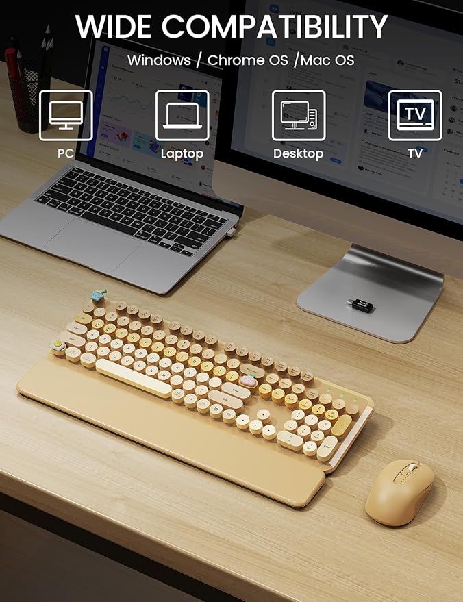 Wireless Keyboard and Mouse Combo, Typewriter Keyboard with Detachable Wrist Rest, Full-Size Retro Round Keycaps, Smart-Sleep, 2.4GHz Stable Connection for Mac/Windows/PC, Trueque (Ombre Latte Beige)