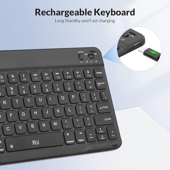 Rii RK302 Ultra-Slim Bluetooth Keyboard for ipad,iPhone,Android,Samsung,Windows,Mac,Linux,Tablet,Laptop, Rechargeable Ergonomic Wireless Keyboard,Black